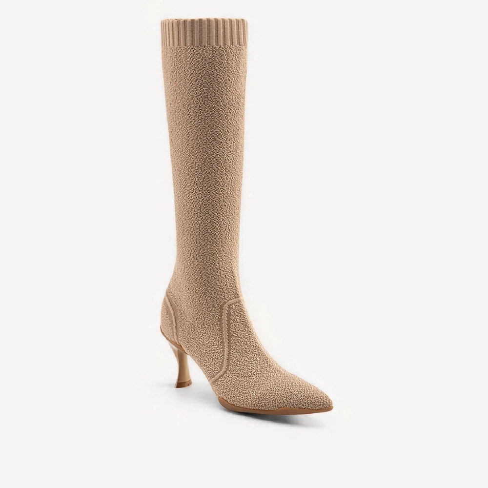 Minimalist Pointed Toe Heeled Long Boots - Apricot - Size 5